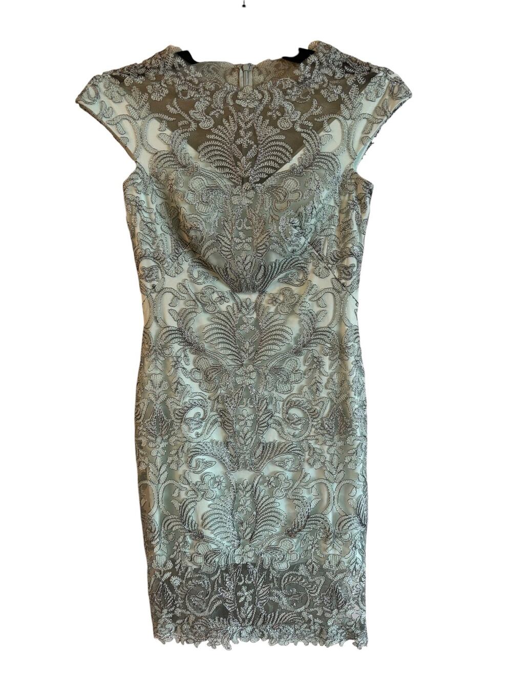 Tadashi Shoji Abigail Embroidered Metallic Lace Illusion Mint Grey Dress 4